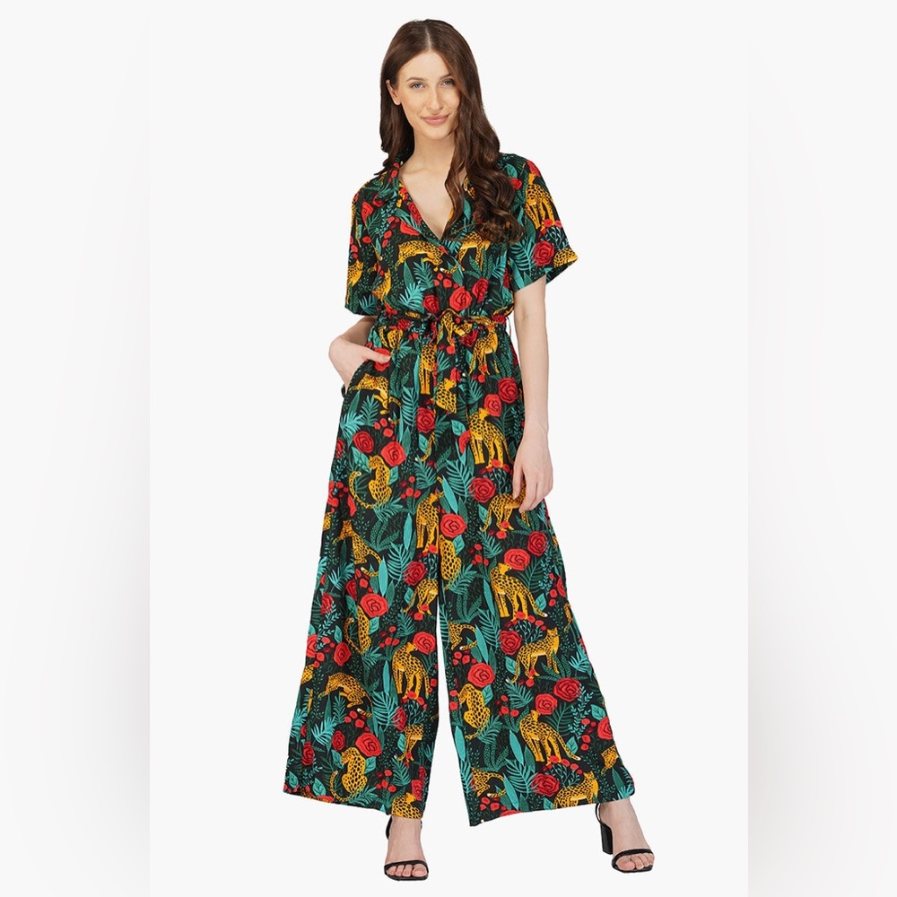 America & Beyond Jaguar Paradise Black Animal Print Jumpsuit